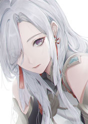 Rule 34 | 1girl, absurdres, china dress, chinese clothes, closed mouth, dress, earrings, genshin impact, gradient eyes, grey hair, highres, jewelry, long hair, looking at viewer, marumoru, multicolored eyes, one eye covered, purple eyes, red tassel, shenhe (genshin impact), sidelocks, simple background, solo, tassel, tassel earrings, white background