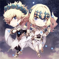 Rule 34 | 1boy, 1girl, armlet, black shirt, blonde hair, blue eyes, bracelet, bracer, breasts, bridal gauntlets, brother and sister, castor (fate), chibi, closed mouth, collar, diadem, fate/grand order, fate (series), gemini (constellation), highres, holding hands, interlocked fingers, jewelry, looking at viewer, medium hair, metal collar, navel, no-kan, parted lips, pollux (fate), robe, sandals, shirt, short hair, siblings, sky, small breasts, star (sky), starry sky, twins, white robe
