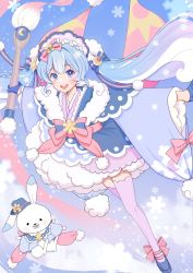Rule 34 | 1girl, 1other, animal, art brush, blue eyes, blue gloves, blue hair, blue headwear, blue kimono, blue ribbon, bow, bowtie, cloud, commentary, crescent, crescent hair ornament, crescent print, fortissimo, full body, fur-trimmed kimono, fur trim, gloves, gradient hair, hair bow, hair ornament, hair ribbon, hatsune miku, headdress, highres, holding, holding brush, holding paintbrush, japanese clothes, kimono, light blue hair, long hair, looking at viewer, midair, mofmama, multicolored hair, musical note, musical note hair ornament, open mouth, outstretched arms, oversized object, paintbrush, pink bow, pink bowtie, pink hair, pink kimono, pink thighhighs, pom pom (clothes), rabbit, rabbit yukine, ribbon, sky, smile, snowflakes, sun hair ornament, sun print, thighhighs, twintails, very long hair, vocaloid, yuki miku, yuki miku (2023)