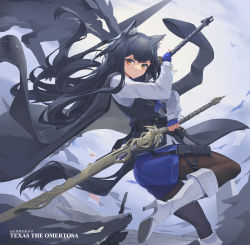 Rule 34 | 1girl, animal ears, arknights, black cape, black hair, black pantyhose, black vest, blue gloves, blue shorts, boots, cape, character name, dual wielding, ear piercing, fingerless gloves, floating hair, foot out of frame, gloves, highres, holding, holding sword, holding weapon, long hair, long sleeves, official alternate costume, pantyhose, pantyhose under shorts, piercing, pouch, shirt, shorts, sima naoteng, solo, standing, standing on one leg, sword, tail, texas (arknights), texas the omertosa (arknights), thigh pouch, v-shaped eyebrows, vest, weapon, white footwear, white shirt, wolf ears, wolf girl, wolf tail, yellow eyes