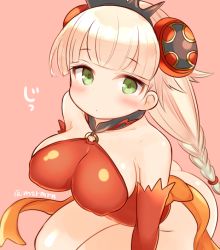 Rule 34 | 1girl, bad id, bad pixiv id, blonde hair, blunt bangs, blush, bottomless, braid, breasts, covered erect nipples, elbow gloves, fire valkyrie (p&amp;d), gloves, green eyes, halterneck, large breasts, looking at viewer, mashiro miru, pink background, puzzle &amp; dragons, red valkyrie (p&amp;d), sash, scrunchie, solo, twitter username, valkyrie (p&amp;d)