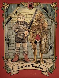 Rule 34 | 1boy, armor, boots, border, brick wall, brown footwear, chainmail, character name, cuirass, curtains, dungeon meshi, full armor, full body, grey hair, grey pants, highres, holding, holding sword, holding weapon, kensuke (dungeon meshi), knee guards, laios touden, light brown hair, male focus, open mouth, pants, pauldrons, pavement, petermann, pillar, plant, plate armor, red border, shield, short hair, shoulder armor, solo, standing, sword, vambraces, vines, weapon, yellow border