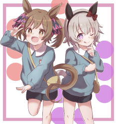 Rule 34 | 2girls, :d, ;q, animal ears, arm up, bag, black shorts, blue shirt, blush, border, bow, brown eyes, brown hair, closed mouth, collared shirt, commentary request, curren chan (umamusume), ear bow, feet out of frame, grey hair, hair bow, hand up, highres, horse ears, horse girl, horse tail, kindergarten bag, kindergarten uniform, long sleeves, looking at viewer, multiple girls, one eye closed, open mouth, pink border, pink bow, puffy long sleeves, puffy sleeves, purple bow, purple eyes, red bow, shirt, short shorts, shorts, shoulder bag, smart falcon (umamusume), smile, standing, standing on one leg, sunanuko (ramuneko), tail, tongue, tongue out, twintails, umamusume, v, white background