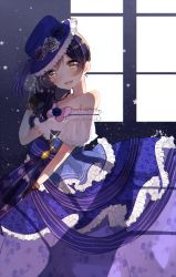 Rule 34 | 1girl, bare shoulders, bjcrk453, blue dress, blue hair, blush, commentary request, cowboy shot, dress, flower, gloves, hair between eyes, hat, highres, long hair, looking at viewer, love live!, love live! school idol festival, love live! school idol project, open mouth, ribbon, smile, solo, sonoda umi, strapless, strapless dress, window