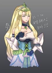 Rule 34 | 1girl, blonde hair, breasts, crown, dated, fire emblem, fire emblem engage, green eyes, high ponytail, large breasts, long hair, looking at viewer, nintendo, queen eve, solo, songban, translation request, upper body