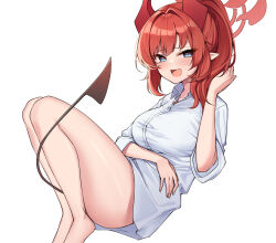 Rule 34 | 1girl, absurdres, ass, barefoot, black tail, blue archive, blue eyes, blush, breasts, buttons, collared shirt, demon horns, halo, highres, horns, large breasts, long hair, looking at viewer, megu (blue archive), open mouth, pointy ears, red hair, red halo, red horns, shirt, short sleeves, simple background, smile, solo, white background, white shirt, ziro (zirorong)