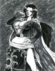 Rule 34 | 1girl, artist request, boa hancock, breasts, cleavage, earrings, greyscale, hand on own hip, hara tetsuo (style), highres, hoop earrings, jewelry, large breasts, long hair, looking at viewer, monochrome, navel, one piece, parody, pelvic curtain, smile, style parody, traditional media, wide hips