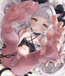 Rule 34 | 1girl, absurdres, bed sheet, blush, breasts, covered anus, esearu, feet, female focus, foot focus, foreshortening, from above, full body, grey hair, highres, hololive, legs up, long hair, looking at viewer, lying, murasaki shion, murasaki shion (gothic lolita), navel, nipples, no shoes, on back, open mouth, pantyhose, pink pantyhose, small breasts, smile, soles, solo, teeth, toes, torn clothes, torn pantyhose, virtual youtuber