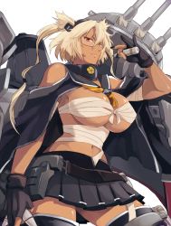 Rule 34 | 1girl, bare shoulders, black gloves, blonde hair, breasts, cape, cleavage, cowboy shot, dark-skinned female, dark skin, from below, glasses, gloves, kantai collection, large breasts, looking at viewer, machinery, man naka, miniskirt, musashi (kancolle), musashi kai (kancolle), navel, partially fingerless gloves, pleated skirt, red eyes, short hair, skirt, solo, standing, tan, thighhighs, zettai ryouiki