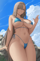 Rule 34 | 1girl, asuna (blue archive), bare shoulders, bikini, blue archive, blue bikini, blue eyes, blue sky, blush, bracelet, breasts, cleavage, collarbone, grin, hair over one eye, highleg, highleg bikini, highres, jewelry, large breasts, light brown hair, long hair, looking at viewer, micro bikini, mole, mole on breast, navel, ring, rock, side-tie bikini bottom, skindentation, sky, smile, solo, swimsuit, thighs, zaphn