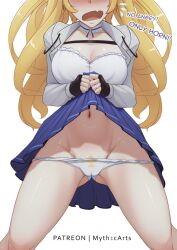 Rule 34 | !, !!, 1girl, blonde hair, blush, breasts, choker, clothes lift, commentary, dokibird (vtuber), english commentary, english text, fang, fingerless gloves, flying sweatdrops, gloves, gluteal fold, highres, indie virtual youtuber, lifting own clothes, long hair, long sleeves, medium breasts, myth1carts, navel, open mouth, panties, patreon username, shrug (clothing), simple background, skin fang, skirt, skirt lift, solo, tongue, twintails, underwear, virtual youtuber, white background