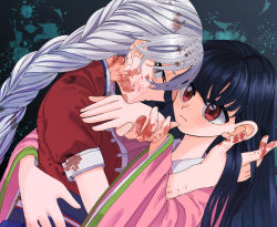 Rule 34 | 2girls, belt, black hair, blood, blood on face, blood on hands, blouse, blue background, blue belt, blue dress, blush, braid, breasts, closed mouth, collar, collared shirt, dress, grey eyes, hair between eyes, hand in another&#039;s hair, hand up, hands up, highres, houraisan kaguya, long hair, long sleeves, looking at another, looking to the side, medium breasts, multicolored clothes, multicolored dress, multiple girls, no headwear, pink shirt, puffy short sleeves, puffy sleeves, red dress, red eyes, shaded face, shirt, short sleeves, silver hair, staygold, touhou, upper body, white belt, wide sleeves, yagokoro eirin, yuri