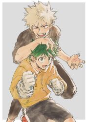 2boys arms_up bakugou_katsuki black_pants black_shorts blonde_hair boku_no_hero_academia border clenched_hand commentary_request crew_neck drawstring freckles gloves green_eyes green_hair hair_between_eyes hand_on_another&#039;s_head hood hood_down hoodie lower_teeth_only male_focus midoriya_izuku multiple_boys open_mouth orange_eyes pants shirt short_sleeves shorts spiked_hair t-shirt tanikudayo teeth tongue uneven_eyes white_background white_border white_gloves yellow_hoodie