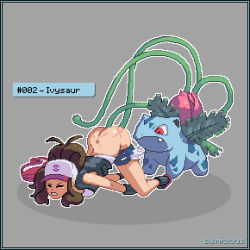 Rule 34 | 1girl, anal, ass, brown hair, clothes pull, creatures (company), double penetration, fang, game freak, gen 1 pokemon, hat, hilda (pokemon), ivysaur, multiple penetration, nintendo, pants, pants pull, pixel art, plant, pokemon, pokemon (creature), scar, shorts, shorts pull, sismicious, spanked, tears, tentacle sex, tentacles, top-down bottom-up, vaginal, vines, whip marks