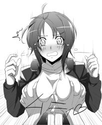 Rule 34 | 1girl, antenna hair, bad id, bad pixiv id, blush, grabbing another&#039;s breast, breasts, deep skin, embarrassed, erobouzu, grabbing, greyscale, jewelry, kyoukaisenjou no horizon, large breasts, looking at viewer, monochrome, necklace, open mouth, oriotorai makiko, risutan, solo focus, surprised, surprised arms, tears