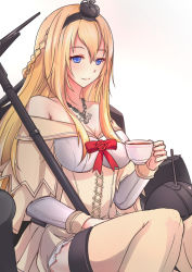 Rule 34 | 10s, 1girl, antiqq, bare shoulders, blonde hair, blue eyes, blush, braid, breasts, cleavage, collarbone, corset, cross, crown, cup, dress, flower, french braid, globus cruciger, hair between eyes, hairband, highres, holding, holding cup, jewelry, kantai collection, knees together feet apart, large breasts, long hair, long sleeves, mast, mini crown, necklace, off-shoulder dress, off shoulder, red flower, red ribbon, red rose, ribbon, rose, scepter, simple background, sitting, smile, solo, tea, teacup, thighhighs, throne, warspite (kancolle), white background, white dress, yellow dress, yellow thighhighs, zettai ryouiki