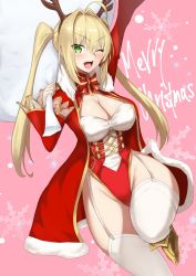 Rule 34 | 1girl, ;d, ahoge, akatsuki ikki, antlers, arm up, armored boots, blonde hair, blush, boots, bow, braid, breasts, christmas, cleavage, cloak, corset, fate/grand order, fate (series), french braid, garter straps, green eyes, hair intakes, highleg, highleg leotard, highres, hip focus, horns, large breasts, leotard, long hair, merry christmas, nero claudius (fate), nero claudius (fate) (all), nero claudius (fate/extra), one eye closed, open cloak, open clothes, open mouth, pink background, red bow, red cloak, sack, smile, snowflake background, snowflakes, standing, standing on one leg, thighhighs, tongue, twintails, very long hair, white thighhighs, wide hips, yellow footwear