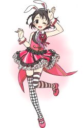 Rule 34 | 1girl, animal ears, argyle, argyle clothes, argyle legwear, asymmetrical legwear, black eyes, black hair, blush, braid, buttons, child, commentary, dot nose, fake animal ears, frilled shirt, frilled skirt, frilled vest, frills, go 5ing, hands up, heart, highres, idolmaster, idolmaster cinderella girls, layered skirt, leg up, legs, looking at viewer, mary janes, necktie, one eye closed, open mouth, pink footwear, pink necktie, pink skirt, pink vest, rabbit ears, sasaki chie, shirt, shoes, short hair, skirt, sleeveless, sleeveless shirt, smile, solo, striped clothes, striped thighhighs, thighhighs, thighs, vest, waving, white shirt, wing collar, wrist cuffs