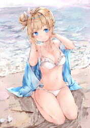 Rule 34 | 1girl, absurdres, artist name, bare shoulders, barefoot, beach, bikini, blonde hair, blue eyes, blush, breasts, cleavage, closed mouth, collarbone, commentary request, dated, day, dema hmw, frilled bikini, frills, girls&#039; frontline, hair bun, hair intakes, hair ornament, hands up, has bad revision, has downscaled revision, highres, horizon, long hair, looking at viewer, md5 mismatch, medium breasts, navel, ocean, official alternate costume, outdoors, rabbit hair ornament, resolution mismatch, sand, seashell, seiza, shawl, shell, side bun, sidelocks, single hair bun, single side bun, sitting, sky, smile, snowflake hair ornament, solo, source smaller, stick, stomach, sunlight, suomi (girls&#039; frontline), suomi (midsummer pixie) (girls&#039; frontline), swimsuit, thighs, water, white bikini