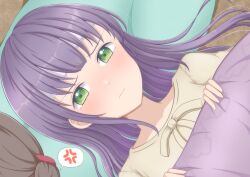 Rule 34 | 2girls, anger vein, ariria (nanayuri), blush, brown hair, brown shirt, cold pack, commentary request, fever, from above, fujishima megumi, furrowed brow, green eyes, hair down, head on pillow, highres, light frown, link! like! love live!, long hair, love live!, lying, multiple girls, nose blush, on back, on bed, otomune kozue, out of frame, purple hair, shirt, sick, solo focus, speech bubble, spoken anger vein, two side up, under covers, upper body, virtual youtuber