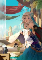 Rule 34 | 1girl, absurdres, ahoge, arabian clothes, architecture, azuuru, bare shoulders, blue eyes, blue flower, blue sky, cloud, cover, cover image, dancer, elaina (majo no tabitabi), flower, hair between eyes, hair flower, hair ornament, highres, holding, holding clothes, long hair, looking at viewer, majo no tabitabi, middle eastern architecture, multicolored clothes, navel, novel illustration, official art, open mouth, outdoors, sidelocks, sky, smile, solo, standing, teeth, textless version, tower, upper teeth only, vase, white hair