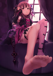 Rule 34 | 1girl, absurdres, barefoot, blush, brown eyes, brown hair, feet, highres, idolmaster, idolmaster cinderella girls, long hair, looking at viewer, ogata chieri, parted lips, short twintaills, single thighhigh, soles, thighhighs, toes