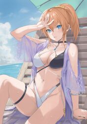 Rule 34 | 1girl, absurdres, akatsuki no goei, arm support, azur lane, bare shoulders, beach chair, beach umbrella, bikini, blonde hair, blue eyes, blue sky, clothing cutout, cloud, collarbone, commentary, commission, cosplay, day, enporion, hair between eyes, hair ornament, hand on own head, highres, looking at viewer, miyagawa kiyomi, navel, outdoors, ponytail, short sleeves, shoulder cutout, sidelocks, sitting, skeb commission, sky, solo, stomach, sweat, swimsuit, swimsuit cover-up, tosa (azur lane), tosa (azur lane) (cosplay), tosa (hometown zest) (azur lane), two-tone bikini, umbrella