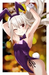 Rule 34 | 1girl, animal ears, arm up, armpits, bare shoulders, blush, breasts, closed mouth, covered navel, detached collar, fake animal ears, fate/kaleid liner prisma illya, fate (series), fishnet pantyhose, fishnets, highleg, highleg leotard, highres, illyasviel von einzbern, leotard, mochi (k620803n), one eye closed, pantyhose, playboy bunny, purple leotard, rabbit ears, rabbit tail, small breasts, smile, tail, thighs, white hair, wrist cuffs