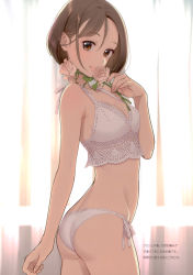 Rule 34 | 1girl, absurdres, ass, bare shoulders, bikini, bob cut, breasts, brown eyes, brown hair, cleavage, cowboy shot, curtains, flower, from side, highres, holding, indoors, lace, lace-trimmed bikini, lace trim, lips, looking at viewer, looking back, medium breasts, morikura en, original, scan, short hair, side-tie bikini bottom, smile, solo, standing, swimsuit, twisted torso, white bikini