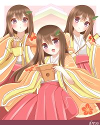 Rule 34 | 3girls, :d, :o, absurdres, blush, brown hair, closed mouth, english text, hair between eyes, hakama, hakama skirt, highres, hinamatsuri, holding, japanese clothes, kimono, long hair, long sleeves, multiple girls, non (wednesday-classic), open clothes, open mouth, original, parted lips, purple eyes, red hakama, skirt, smile, very long hair, white kimono, wide sleeves