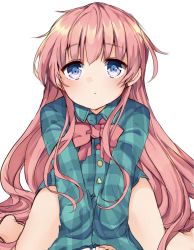 Rule 34 | 1girl, bad id, bad twitter id, blue shirt, bow, bowtie, hata no kokoro, highres, karasusou nano, leaning forward, long hair, long sleeves, looking at viewer, multicolored eyes, no pants, parted lips, pink bow, pink bowtie, pink hair, plaid, plaid shirt, shirt, sidelocks, simple background, solo, star (symbol), touhou, very long hair, white background