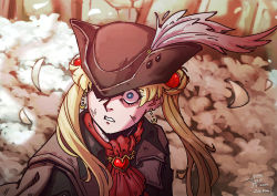 Rule 34 | ascot, bishoujo senshi sailor moon, bishoujo senshi sailor moon s, blonde hair, bloodborne, blue eyes, brown hat, coat, crescent, crescent earrings, dated, derivative work, earrings, feathers, hat, heart, heart necklace, highres, jewelry, long hair, meme, necklace, red ascot, sailor moon redraw challenge (meme), screenshot redraw, solo, surprised, tagme, tricorne, tsukino usagi, upper body, za1f0n