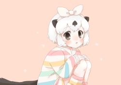 Rule 34 | animal ears, black hair, blue pajamas, blush, brown eyes, californian sea otter (kemono friends), commentary request, extra ears, green pajamas, kemono friends, kemono friends 3, kneeling, knees to chest, kuromitsu (9633 kmfr), long sleeves, multicolored clothes, multicolored hair, multicolored pajamas, official alternate costume, open mouth, otter ears, otter girl, otter tail, pajamas, red pajamas, short hair, shorts, socks, striped clothes, striped pajamas, striped shorts, striped socks, tail, two-tone hair, white hair, yellow pajamas