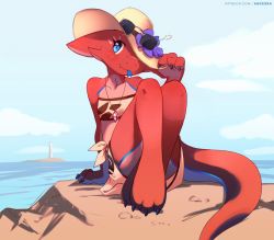 Rule 34 | 1girl, ancesra, animal ears, barefoot, beach, bikini, blue eyes, blue tongue, breasts, claws, cloud, collarbone, colored skin, colored tongue, commentary, english commentary, fewer digits, flower, forked tongue, furry, furry female, hat, holding, holding clothes, holding hat, kobold, lighthouse, looking at viewer, original, patreon username, purple flower, red skin, second-party source, sitting, sky, small breasts, snout, solo, sunglasses, swimsuit, tail, tongue, watermark, web address