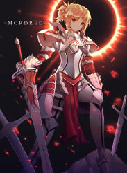 Rule 34 | 1girl, absurdres, armor, bad id, bad pixiv id, black background, blonde hair, body armor, character name, closed mouth, commentary, eclipse, fate/grand order, fate (series), green eyes, highres, holding, holding sword, holding weapon, knee up, long hair, looking at viewer, mordred (fate), mordred (fate/apocrypha), neon (hhs9444), parted bangs, ponytail, rock, shoulder guard, sidelocks, solo, sparks, standing, sword, weapon