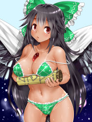 Rule 34 | 1girl, arm cannon, bikini, black hair, black wings, blush, bow, breast rest, breasts, cameltoe, cape, cleavage, cowboy shot, gluteal fold, green bikini, green bow, hair bow, highres, kuranosuke, large breasts, long hair, looking at viewer, medium breasts, navel, red eyes, reiuji utsuho, solo, standing, swimsuit, tan, tanline, touhou, very long hair, weapon, wet, wings