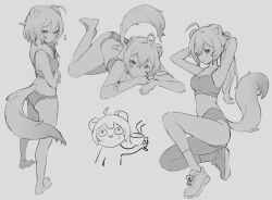 absurdres ahoge animal_ears barefoot bra braid braided_ponytail cup ferret ferret_ears ferret_girl ferret_tail greyscale highres holding holding_cup indie_virtual_youtuber laimu_(vtuber) looking_back lying monochrome mug multiple_views panties ponytail shoes sketch sneakers sports_bra squatting tail tying_hair underwear vinesauce virtual_youtuber yenkoes