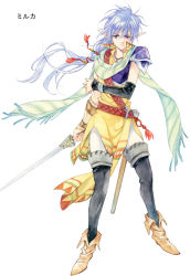 Rule 34 | 1girl, agahari, ankle boots, arm at side, arm guards, armor, beads, belt, black pantyhose, blue hair, boots, braid, braided ponytail, brown footwear, chest guard, detached sleeves, elf, floating hair, frown, full body, green scarf, hair beads, hair ornament, hair tassel, holding, holding sword, holding weapon, legs apart, long hair, looking at viewer, lost technology, non-web source, pants, pantyhose, pauldrons, pointy ears, popped collar, scabbard, scarf, sheath, shoulder armor, silver hair, simple background, single braid, single detached sleeve, solo, standing, striped clothes, striped scarf, sword, tassel, tassel hair ornament, unsheathed, weapon, white background, white pants