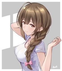 Rule 34 | 1girl, ahoge, alisia0812, arms up, bow, braid, breasts, brown eyes, brown hair, cleavage, closed mouth, from side, hair bow, hair over shoulder, highres, idolmaster, idolmaster shiny colors, jewelry, kuwayama chiyuki, long hair, looking at viewer, looking to the side, medium breasts, necklace, pink bow, shirt, short sleeves, signature, single braid, smile, solo, two-tone background, upper body, white shirt