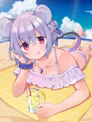 Rule 34 | 1girl, :q, akagashi hagane, animal ears, bare legs, bare shoulders, barefoot, beach, bikini, blue ribbon, blue scrunchie, blue sky, blush, braid, cloud, collarbone, commentary request, cup, day, drinking glass, drinking straw, food, french braid, frilled bikini, frills, fruit, grey hair, hair between eyes, hair ribbon, halterneck, hand up, head rest, head tilt, ice, ice cube, jewelry, lemon, lemon slice, looking at viewer, lying, mouse ears, mouse tail, nazrin, off-shoulder bikini, off shoulder, on stomach, outdoors, pendant, pink bikini, red eyes, ribbon, scrunchie, shadow, short hair, sidelocks, sky, smile, solo, swimsuit, tail, tongue, tongue out, touhou, wrist scrunchie