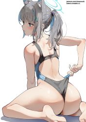 Rule 34 | 1girl, animal ear fluff, animal ears, ass, back, barefoot, black one-piece swimsuit, blue archive, blue eyes, blush, clothes pull, cross, cross hair ornament, extra ears, fanbox username, from behind, grey hair, hair ornament, halo, highres, inverted cross, mismatched pupils, one-piece swimsuit, one-piece swimsuit pull, parted lips, patreon username, ponytail, shiroko (blue archive), shiroko (swimsuit) (blue archive), sidelocks, simao (x x36131422), simple background, sitting, solo, swimsuit, thighs, watermark, web address, wedgie, wet, wet hair, white background, wolf ears