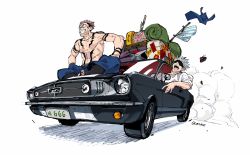 Rule 34 | 2boys, bag, black hair, black legwear, blindfold, blue pants, boxer briefs, brown hair, car, chest tattoo, covered eyes, driving, extra eyes, facial tattoo, ford, ford mustang, ford mustang (1st generation), full body, gojou satoru, grin, highres, indian style, itadori yuuji, jujutsu kaisen, knife, looking away, male focus, male underwear, max801115, motor vehicle, multiple boys, open mouth, pants, planted, planted knife, planted weapon, ryoumen sukuna (jujutsu kaisen), shirt, short hair, simple background, sitting, sleeves pushed up, smile, socks, suitcase, tattoo, topless male, undercut, underwear, vehicle focus, weapon, white background, white hair, white shirt