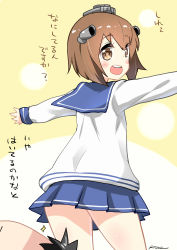 Rule 34 | 10s, 1girl, absurdres, alternate costume, artist name, blue skirt, blush stickers, brown eyes, brown hair, headgear, highres, kantai collection, long sleeves, looking back, open mouth, outstretched arms, pleated skirt, round teeth, ryuki (ryukisukune), sailor collar, school uniform, serafuku, short hair, skirt, solo focus, sparkle, teeth, translation request, yukikaze (kancolle)