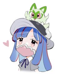 Rule 34 | 1girl, ahoge, alternate costume, blue hair, covered mouth, creatures (company), curled horns, dinosaur girl, game freak, grey headwear, grey shirt, heart, horns, jewelry, long hair, mask, mouth mask, multicolored hair, necklace, nintendo, one piece, pink eyes, pink hair, pink mask, pokemon, pokemon (creature), raine (acke2445), shirt, solo, sprigatito, streaked hair, ulti (one piece)