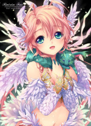 Rule 34 | 1girl, bare shoulders, black background, blue eyes, character name, commentary, creature, english commentary, feathered wings, feathers, hair between eyes, hands on own chest, head wings, kaze-hime, long hair, looking at viewer, navel, open mouth, original, pink hair, ruirin fae (kaze-hime), solo, stomach, watermark, web address, white wings, wings