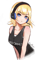 Rule 34 | 1girl, alohamikan, artist name, blonde hair, blue eyes, blush, breasts, commentary, english commentary, english text, headphones, highres, hololive, hololive english, large breasts, pout, shirt, sleeveless, sleeveless shirt, solo, virtual youtuber, watson amelia