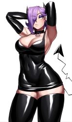 Rule 34 | 1girl, absurdres, black dress, black eyes, black gloves, black thighhighs, borrowed character, breasts, choker, cleavage, closed mouth, dangle earrings, demon girl, demon horns, demon tail, dress, earrings, elbow gloves, eyeshadow, gloves, highres, horns, jewelry, large breasts, liz (gingrjoke), looking at viewer, makeup, original, purple eyeshadow, purple hair, shiny clothes, solo, sotcho, tail, thighhighs