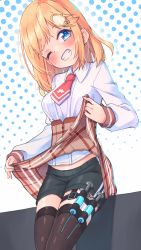 Rule 34 | 1girl, black thighhighs, blonde hair, blue eyes, blush, brown skirt, clothes lift, collared shirt, commentary, english commentary, grin, hair ornament, head tilt, highres, hololive, hololive english, holster, kiirokuma, lifted by self, long sleeves, looking at viewer, necktie, one eye closed, plaid, plaid skirt, red necktie, shirt, shorts, shorts under skirt, sidelocks, skirt, skirt lift, smile, solo, standing, syringe, syringe holster, teeth, thigh holster, thighhighs, virtual youtuber, watson amelia, watson amelia (1st costume), white shirt