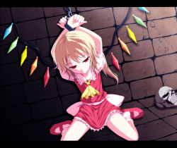 Rule 34 | 1girl, bad id, bad pixiv id, bdsm, blonde hair, bondage, bound, child, cuffs, dungeon, female focus, flandre scarlet, isa, letterboxed, ponytail, red eyes, shackles, short hair, side ponytail, skirt, skull, solo, touhou, wings