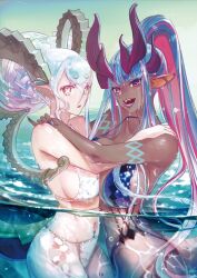 Rule 34 | 2girls, aqua hair, bikini, blue hair, blush, body markings, braid, breasts, breasts squeezed together, colored skin, curled horns, curvy, fate/grand order, fate (series), grey skin, hair between eyes, horns, ibuki douji (fate), ibuki douji (swimsuit berserker) (fate), ibuki douji (swimsuit berserker) (first ascension) (fate), large breasts, long hair, looking at viewer, multicolored hair, multiple girls, oni, oni horns, pink eyes, pink hair, pointy ears, red eyes, sidelocks, swimsuit, symbol-shaped pupils, tail, thighs, tiamat (fate), very long hair, water, wide hips, yamanaka kotetsu